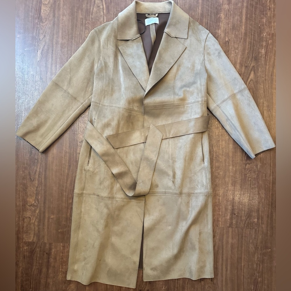 H&M Women’s Faux Suede Coat Long XS Sark Beige Light Brown